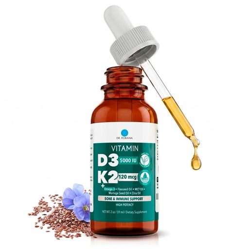 [BRSREZL3DECB633H] Dr. Robaina Vitamin D3 + K2 Drops – Vegan MCT Oil Liquid Supplement, 5000 IU D3 & 120 mcg MK-7, Sublingual Daily Vitamin D and K