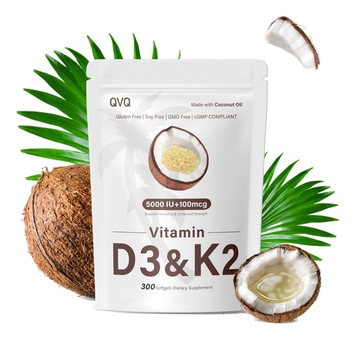 [BRSREZAQBYPQK3LP] 300 Pcs Vitamin D3 K2 5000 IU + 100mcg, Coconut Oil, Gluten-Free, Non-GMO, Soy Free