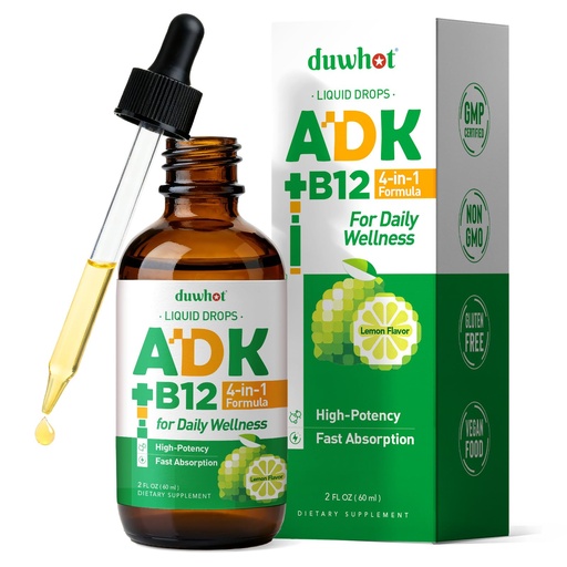 [BRSRGFAEBYPQAYLO] duwhot ADK + Vitamin B12 Liquid Drops, High Potency Vitamin A D3 K2 5000 IU / 10000 IU, B12 1000 mcg Supplement for Adults, Bone, Calcium Absorption, Heart, Immune Support, 2 Fl Oz