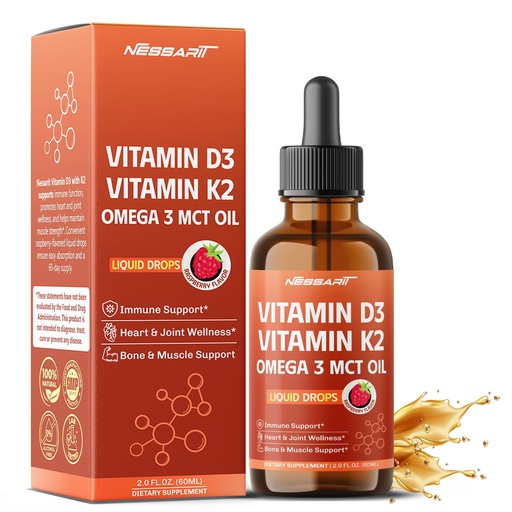 [BRSRAADYA55Q42T5] Vitamin D3 10,000 IU & K2 150mcg Liquid Drops with Omega 3 MCT Oil - Immune Support, Heart & Joint Wellness, Bone & Muscle Support - Raspberry Flavor - 2.0 fl oz (60ml)