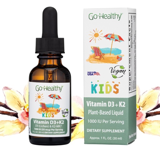 [BRSWYHT5OQDQAELP] Go Healthy Kids Vitamins D3 K2 (MK-7), Child Vitamin D, Liquid Vegan D3 K2 Drops for Kids, Sugar-Free, Easy-to-Absorb, Children's Growth & Immune Support, Vanilla Flavor - 30 Servings