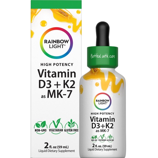 [BRSREH35AUDR4FLU] Rainbow Light Vitamin D3 + K2 as MK7 | 2 Fl Oz | 2,000IU Vitamin D | High Potency Formula | Vegetarian, Non-GMO, Gluten Free