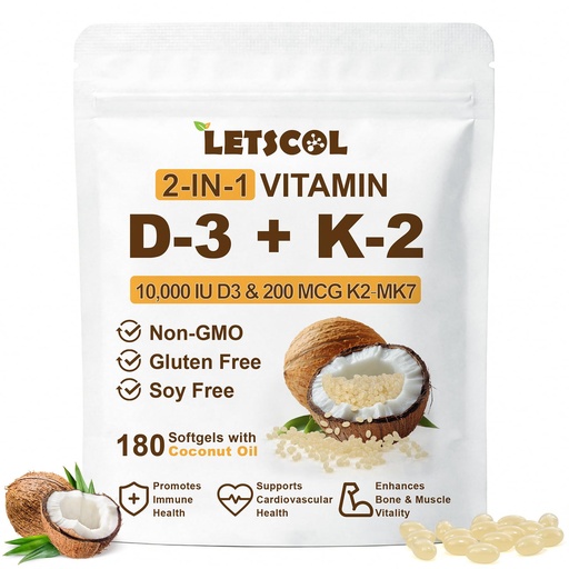 [BRSRAZD2AEORYF3Z] 2-in-1 Vitamin D3 K2 Supplement Softgel, Vitamin D3 10000 IU and Vitamin K2 200 mcg, K2 MK7 with D3 Vitamin Supplement Support Immune, Heart, Joint, Teeth & Bone Health