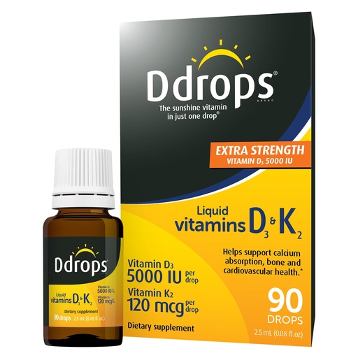 [BRSRAC3QCAPGCF3K] Ddrops Extra Strength 5000 IU Vitamin D3 + K2 90 Drops - Liquid Vitamin D3 & K2 (MK7) Supplement. Supporting Strong Bones, Immune System and Cardiovascular Health.