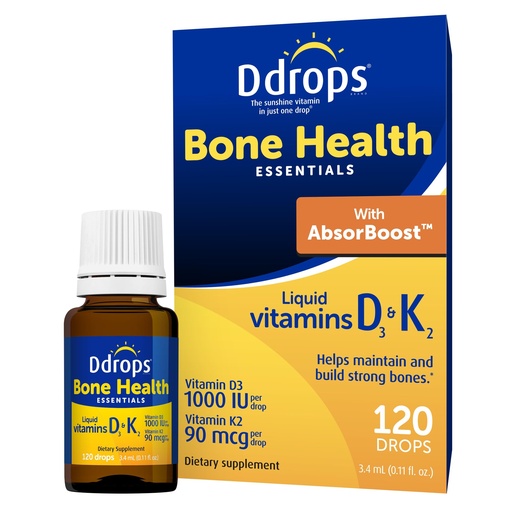 [BRSREAYYPMBAICL7] Ddrops Adult Bone Health 1000 IU Vitamin D3 + 90 mcg K2-120 Drops - Helps Maintain and Build Strong Bones and Teeth. No Artificial Preservatives, No Sugar, Non-GMO, Allergy-Friendly