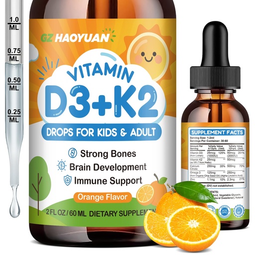 [BRSREFINOJ5RGF3V] Vitamin D3 K2 Drops for Kids Liquid Supplement with Calcium, Omega 3, Zinc, Vitamin D3 K2 for Calcium Absorption Healthy Bones, Brain Development & Immune System, Non-GMO, Vegan, Orange Flavor 2 Fl Oz