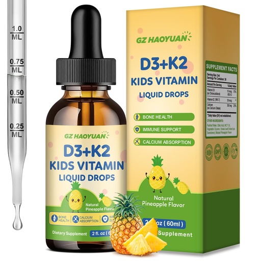 [BRSREEAPBYJRAFL2] Kids Vitamin D3 K2 Drops, Vitamin D3 K2 (MK-7) Supplement with Calcium for Kids & Adults - Support Healthy Bones & Teeth, Calcium Absorption & Immunity, Sugar Free Pineapple Flavor 2 FL OZ