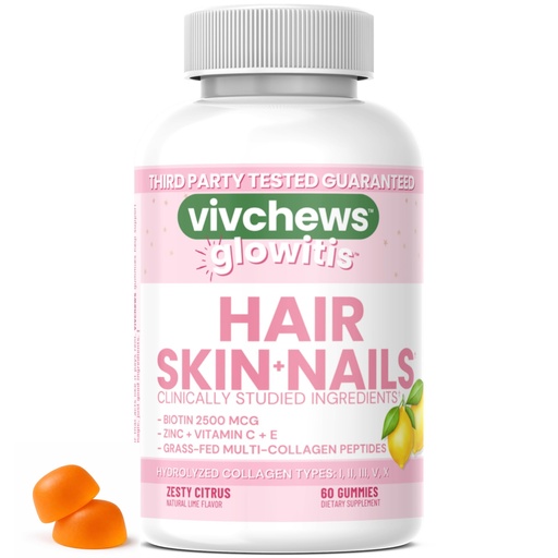 [BRSRGGQODIJRUD3A] Glowitis Hair, Skin & Nails Gummies for Thick Hair, Strong Nails & Healthy Skin with Hydrolyzed Multi-Collagen Peptides, Biotin, Zinc, Vitamins C & E, Gluten-Free, Zesty Citrus Flavor, 60 Ct