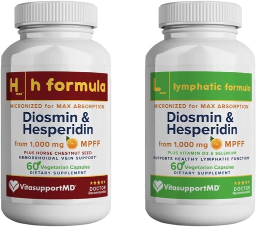 [BRSRAFIQOEFAMDLB] VITASUPPORTMD - Lymphatic & H Formula Bundle - Lymphatic Drainage & Hemorrhoidal Veins - 2x60 Capsules - Diosmin & Hesperidin 1000 mg, Vitamin D3, Selenium, Horse Chestnut Seed Extract, MPFF Complex