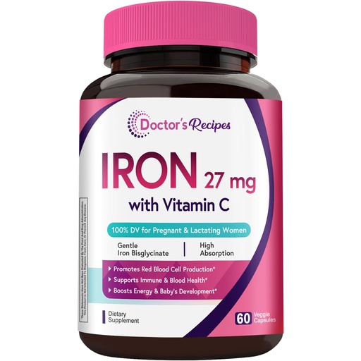 [BRSREHY6DEPQICIU] Doctor's Recipes Iron Supplement for Pregnant Women, Chelated Iron Bisglycinate, with Vitamin C for High Absorption, Gentle, Red Blood Cell Production Support, 60 Vegan Caps