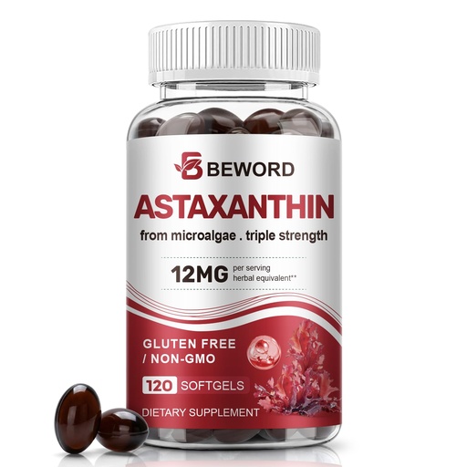 [BRSRGZ3RCR4AGDL4] BEWORD Astaxanthin 12mg with MCT Oil, 120 Softgels 4-Month Supply | Premium Antioxidant Supplements | Natural Microalgae, Triple Strength | Supports Skin & Eye Health | Non-GMO, Gluten & Soy-Free