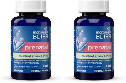 [BRSRGGQNBUPRACLO] Mommy's Bliss Prenatal Multivitamin with Iron and Folic Acid, Supports Baby Development + Mom Immune System & Energy Levels w/B Vitamins & Probiotics, Vegan & Gluten Free (45 Servings),(Pack of 2)
