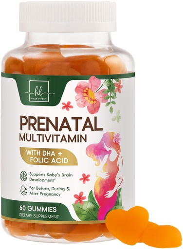 [BRSWYGICDJYBM2T6] Prenatal Vitamins for Women – Complete Pregnancy Multivitamin - Folic Acid, Omega 3 DHA, Choline, Vitamin D – Essential Support for Mom's & Baby Brain Development - Tasty Orange Flavor - 60 Gummies