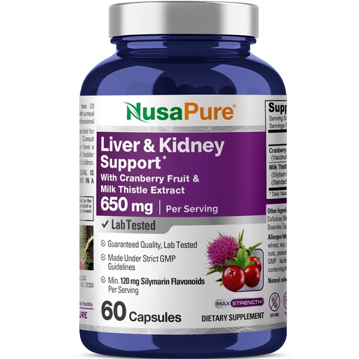 [BRSREZL5OIHBM3Y3] NusaPure Liver & Kidney Support with Cranberry Fruit & Milk Thistle Extract 650 mg 60 Capsules Non-GMO Soyfree Dietary Supplement