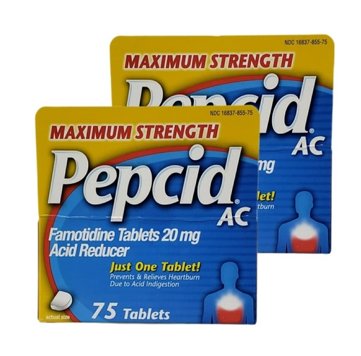[BRSRMZACCJYWAE3H] Pepcid AC Maximum Strength - Pack of 2 Boxes - 75 Tablets Per Box - 150 Tablets Total - Prevents & Relieves Heartburn Due to Acid Indigestion & Sour Stomach - 20mg of Famotidine