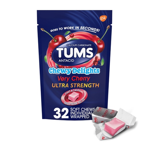 [BRSWKHY5B4DGIFLL] TUMS Chewy Delights Ultra Strength Antacid Soft Chews for Chewable Heartburn Relief and Acid Indigestion Relief, Very Cherry - 32 Count