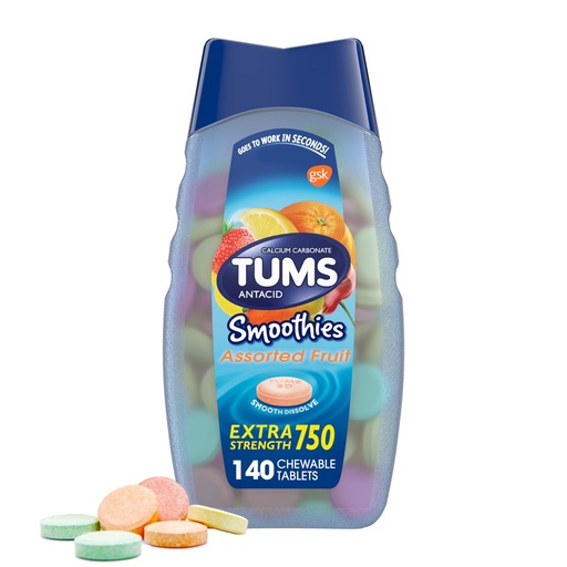[BRSWIHIPC4CAO3TY] TUMS Smoothies Extra Strength Antacid Chewable Tablets for Heartburn Relief, Assorted Fruit - 140 Count