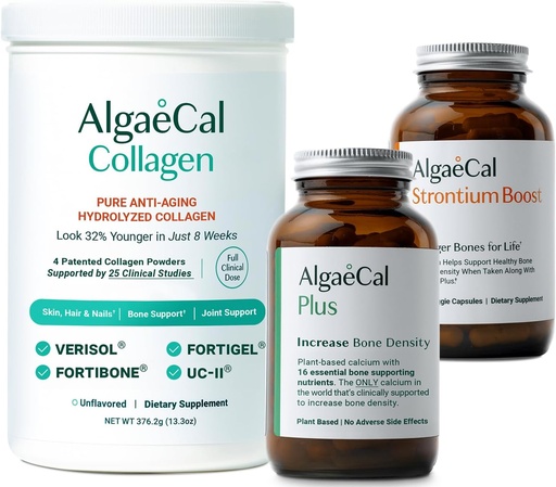 [BRSRAHYEAENWK3LO] ALGAECAL Bone 建材和Colagen Bundle – 临床支持的与Verisol, Fortibone, Fortigel + 植物基钙, Strontium, D3, K2, Magnesium 和 16 种美容和骨质健康营养剂
