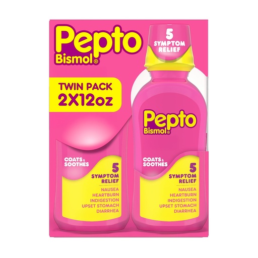 [BRSWGEIFOUPAM2DV] Pepto Bismol Liquid, Upset Stomach Relief, Nausea Relief, Heartburn Relief, Indigestion Relief, Anti Diarrhea Medication for Adults - 5 Symptom Fast Relief, 2x12 oz (Packaging May Vary)
