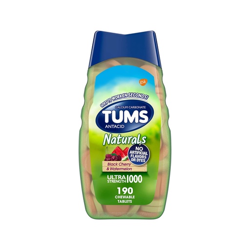 [BRSWYGQ2OUJWKYD4] TUMS Naturals Ultra Strength Antacid Chews for Heartburn Relief, Great for a Summer BBQ - Black Cherry & Watermelon - 190 Count