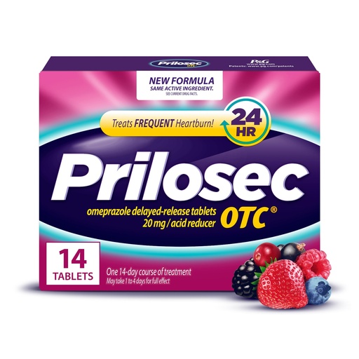 [BRSWI2T7OINAADY7] Prilosec OTC, Omeprazole Delayed Release 20mg, Acid Reducer, Treats Frequent Heartburn for 24 Hour Relief, All Day, All Night*, Heartburn Medicine, 20mg, Wildberry Flavor, 14 Tablets