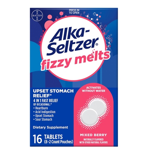 [BRSROBAYDIMQKYDK] Alka-Seltzer Fizzy Melts, Dissolve on Tongue, No Water Needed, On-The-Go Dietary Supplement Antacid Tablets, for Relief of Occasional Heartburn and Acid Indigestion*, Berry Flavor, 16ct