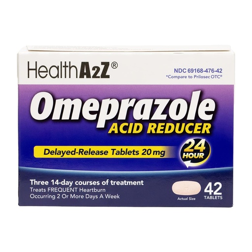 [BRSREYALPIDRQEQ2] HealthA2Z® Acid Reducer | Omeprazole 20mg | Delayed - Release Tablets | 24 Hours | Treats Frequent Heartburn | Occuring 2 or More Days A Week (42 Counts)