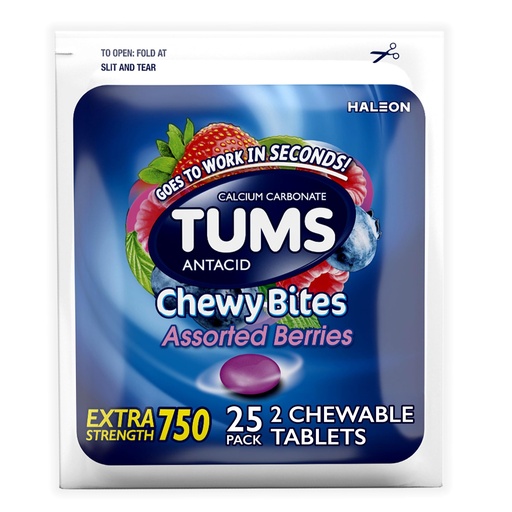 [BRSREBI3AEPGMYL6] TUMS Chewy Bites Chewable Antacid Tablets for Heartburn Relief, Assorted Berries, 25 Count, 2 Count