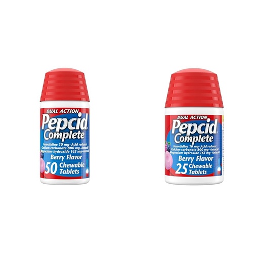 [BRSRAY33O4NA4GQ3] Pepcid Complete Acid Reducer + Antacid Chewable Tablets Heartburn Relief Berry 50 Count & 25 Count