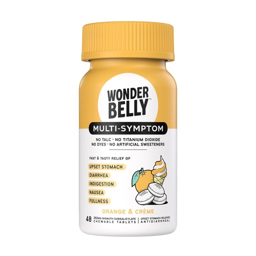 [BRSRACABOYOWYH3J] Wonderbelly Multi-Symptom Medicine, Anti-Diarrhea & Upset Stomach Relief with Bismuth Subsalicylate, Orange & Crème, 48 Chewable Tablets