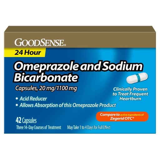 [BRSWKHD3AIAAYYLO] GoodSense Omeprazole and Sodium Bicarbonate Capsules, 20 mg/1100 mg, Treats Frequent Heartburn, Acid Reducer, Heartburn Medicine