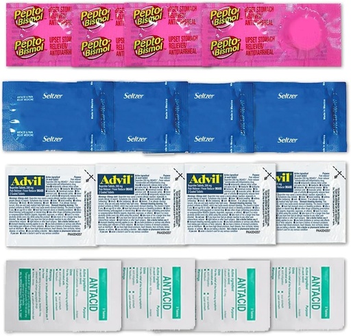[BRSRMCYQBF6QK3Y2] Travel Medicine Kit - 16 Pcs Individually Wrapped Packets of Ibuprofen, Bismol, Sodium Bicarbonate & Antacids - TSA-Approved Medicine Variety Pack by Real Vitamins (1 Kit)