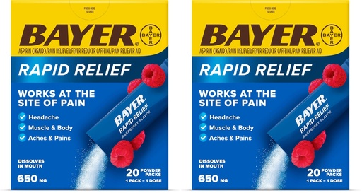 [BRSRGGQNOUFWOEQ3] Bayer® Rapid Relief, Dissolvable Raspberry Flavor, Powder Packs with Aspirin & Caffeine, Fast Acting Headache Relief, Muscle and Body Pain Reliever, 20ct,(Pack of 2)