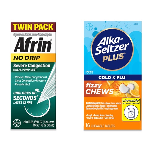 [BRSREC36BAPQKF3G] Bundle of Afrin No Drip Severe Congestion Nasal Mist Twin Pack, .5 fl oz (Pack of 2) + Alka-Seltzer Plus Cold & Flu FizzyChews, Orange Flavor, 16 Count
