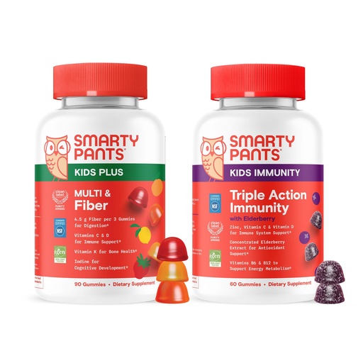 [BRSRECQQCUHQ4YDJ] SmartyPants Kids Daily Nutrition & Immunity Bundle: Multivitamin + Elderberry Gummies with Prebiotic Fiber, Vitamins C, D3, B12, A & Zinc – Gluten Free, Non-GMO, 90 & 60 Count (Pack of 2)