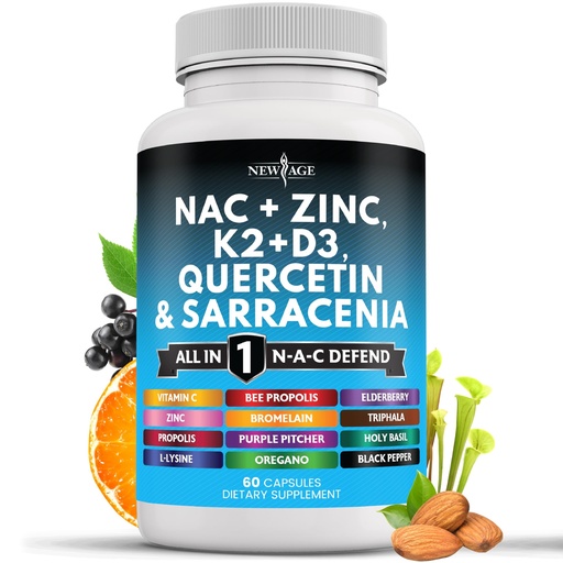 [BRSRABIBB54B6CI3] NEW AGE NAC Supplement N-Acetyl Cysteine- with Vitamin D3, K2, Zinc, Quercetin, Triphala, Sarracenia Purpurea, Elderberry, Holy Basil, Bee Propolis, Bromelain, L-Lysine - 60 Count
