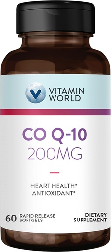 [BRSWGZI5PMCWC33F] Vitamin World CoQ10 200 mg Softgels, Coenzyme Q10 Supplements for Antioxidant Support, Heart Health & Energy Production, Gluten Free, 60 Rapid Release Softgels