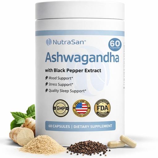 [BRSRGFIEOJYW2HTH] Ashwagandha Supplement 600mg with Black Pepper Extract - Organic Ashwagandha Root Extract for General Wellness, Non-GMO, Gluten-Free 60 Capsules