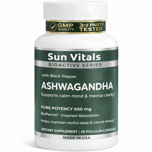 [BRSRGYY7BUNWMH3J] Sun Vitals Ashwagandha Ultra Potent 650 mg – Organic Ashwagandha Root with Black Pepper – 60 Vegan Capsules