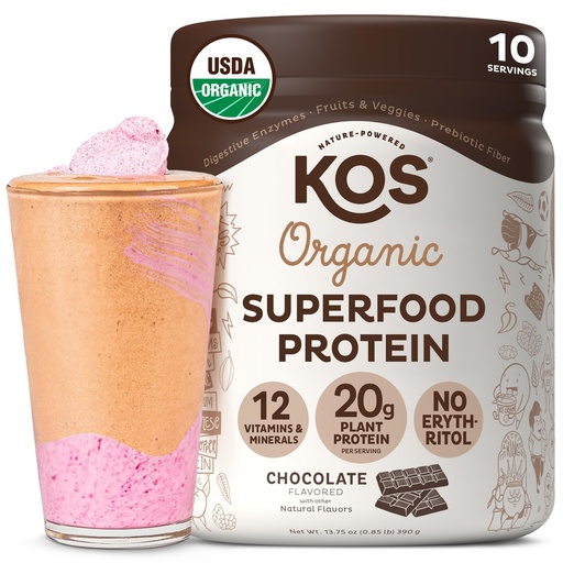 [BRSWYAD6DNYGKFL7] KOS Vegan Protein Powder, Chocolate USDA Organic - Low Carb Pea Protein Blend, Plant Based Superfood with Vitamins & Minerals - Keto, Soy, Gluten Free - Meal Replacement for Women & Men - 10 Servings