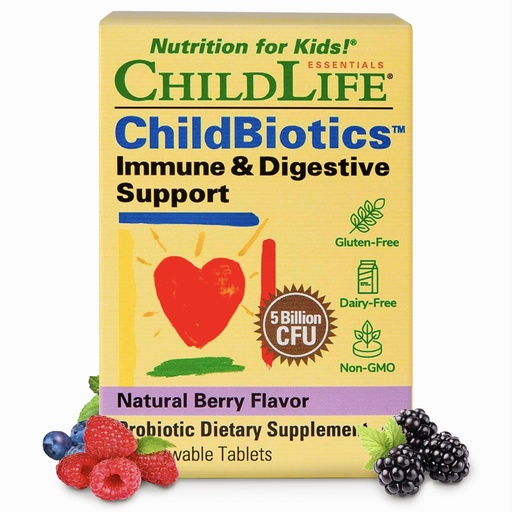 [BRSWYFL7OV4B6YLJ] CHILDLIFE ESSENTIALS ChildBiotics Immune & Digestive Support - Kids Probiotic, Contains Live Probiotics, Good for Digestion & Immune Support, Allergen-Free, Non-GMO - Natural Berry Flavor, 30 Tablets