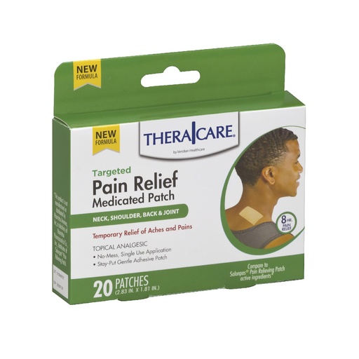 [BRSRMGD4C4CQG2D6] TheraCare Targeted Pain Relief Medicated Patch | Neck, Shoulder, Small Areas | 20-Count | 2.83” x 1.81” | Topical Analgesic | Camphor, Menthol, Methyl Salicylate | Gentle Adhesive