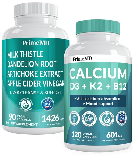 [BRSROCAOCANAODLA] Calcium D3 K2 B12 (1pk) and Liver Support (1pk) Supplement Bundle - Potent Vitamins for Bone, Heart, Liver Function, & Immune Support - Non-GMO, Vegan, Gluten-Free