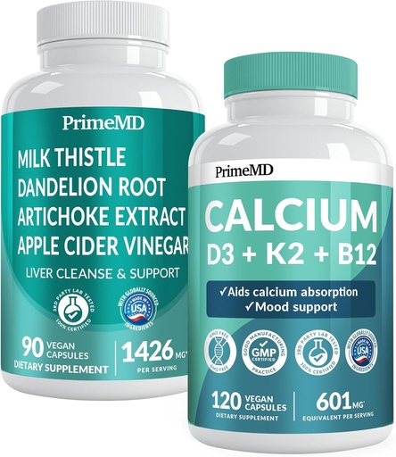 [BRSROCAOCANAODLA] D3 Calcium K2 B12 (1pk) 和liver Support (1pk) 补充 Bundle - 骨,心,肝功能,和免疫支持 - 非GMO, Vegan, Gluten-free