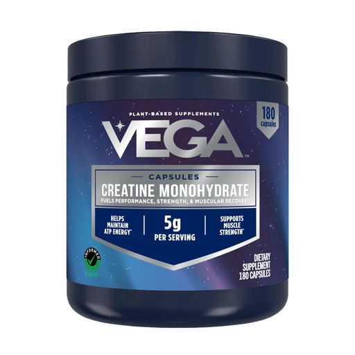 [BRSRECQOCMIBGH3K] Vega Creatine Monohydrate Capsules, 5g Micronized Creatine Powder per Serving, for Lean Muscle, Support Cognitive Function, Pure, Unflavored, Sugar Free, 180 Pills (30 Servings)