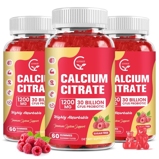 [BRSRGFTYOAFQAADK] (3 Pack) Sugar Free Calcium Citrate Gummies 1200 mg with Vitamin d3, K2, Magnesium, Zinc for Bone, Muscle & Immune Support, High Absorption Calcium Supplement for Women, Raspberry Flavor, 60 Chews