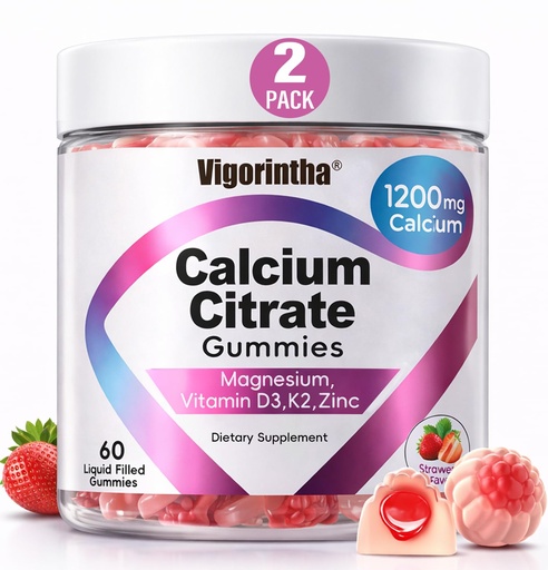 [BRSRE2YCCIIW2ELU] Calcium Citrate Gummies 1200mg with Magnesium,Vitamin D3, K2, Calcium Supplements for Women & Men- Easy to Digest, Vegan, Gluten Free,Sugar Free- Strawberry Flavor, 120 Calcium Gummies