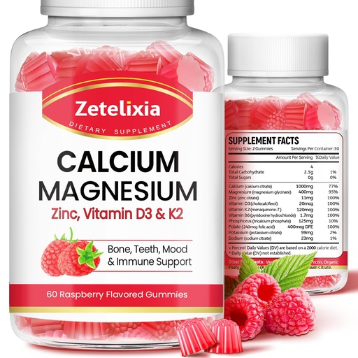 [BRSROBTQOB6AA33P] Calcium Magnesium Zinc Gummies with Vitamin D3 & K2, Calcium Gummies for B0nes Muscles, Women & Men, Raspberry Flavor - 120 Count