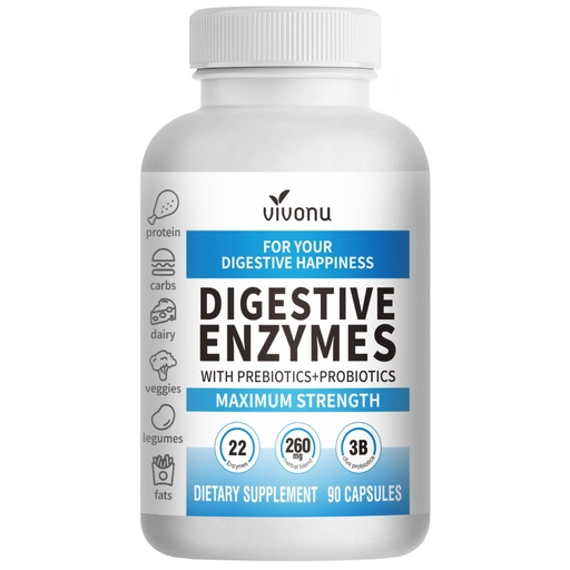 [BRSRGBD3CMPBUEQ4] VivoNu Digestive Enzymes | 22 Enzymes with Organic Prebiotics & Probiotics | Supports Digestion* of Protein, Carbs, Fiber & Dairy | 90 Capsules