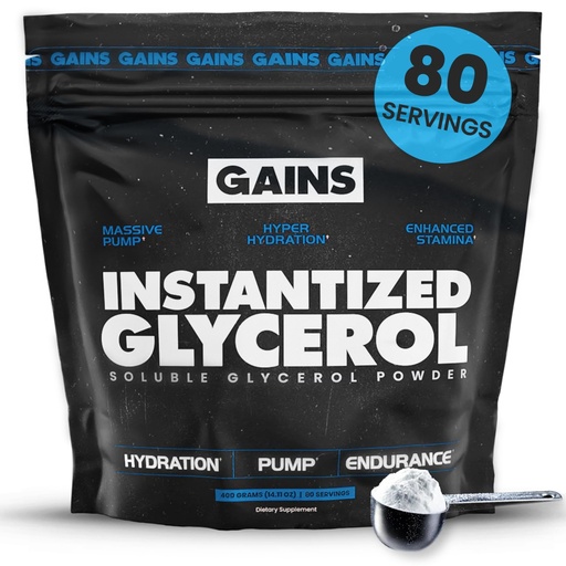 [BRSRABIOBF7GOGTB] Gains in Bulk Instantized Glycerol Powder, Pre Workout Formula for Muscle Recovery, Pump and Hydration Support, Workout Supplement for Men and Women, Sugar Free, Non-Clumping, Unflavored, 80 Servings